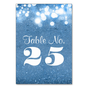 blue glitter string lights table number card