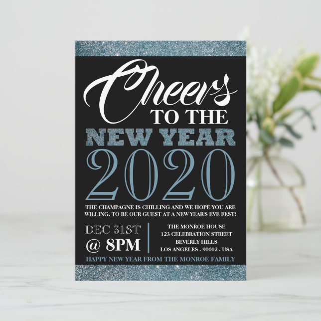 Blue Glitter Stripes, New Year Invitation (Standing Front)