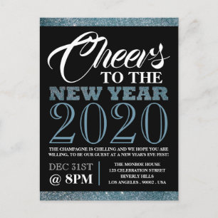 Blue Glitter Stripes, New Year Invitation Postcard