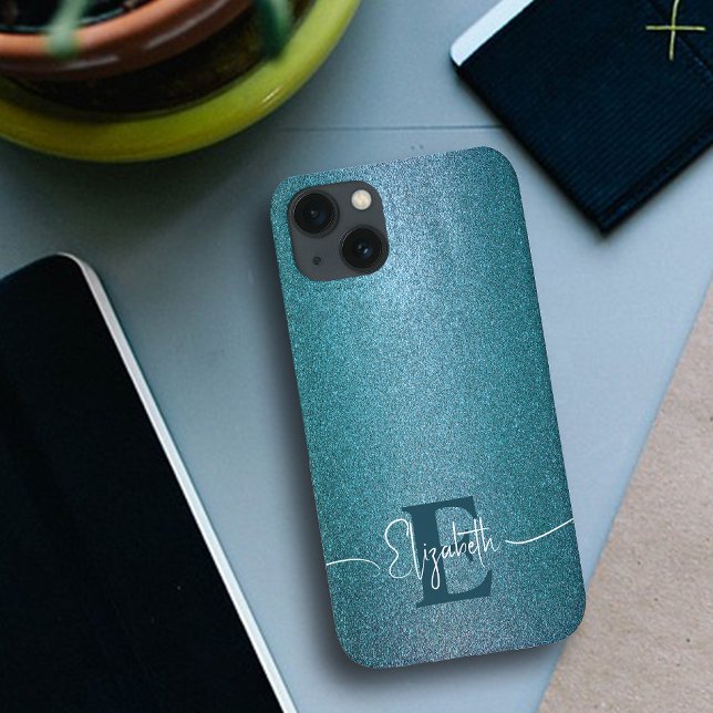 Blue glitter Stylish trendy chic Monogrammed Case-Mate iPhone Case (Creator Uploaded)