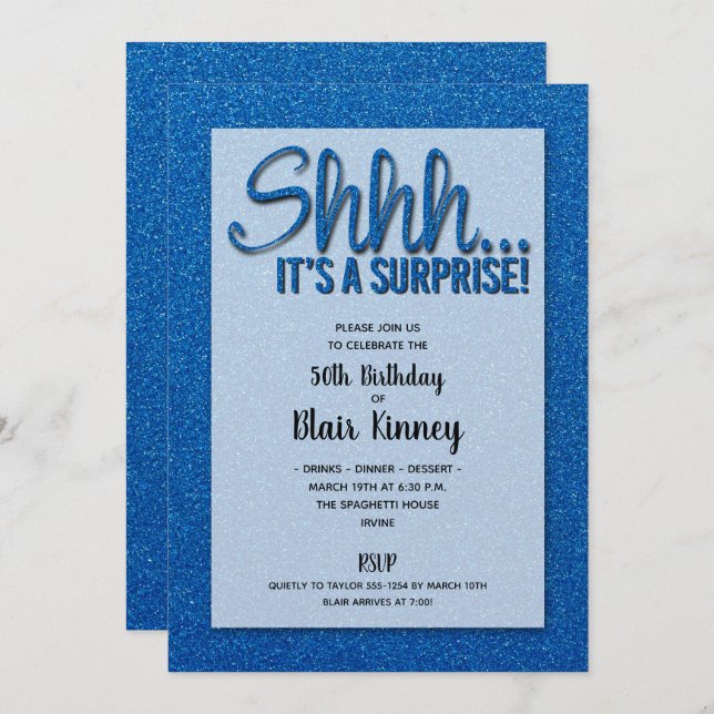 Blue Glitter SURPRISE Birthday Invitations (Front/Back)