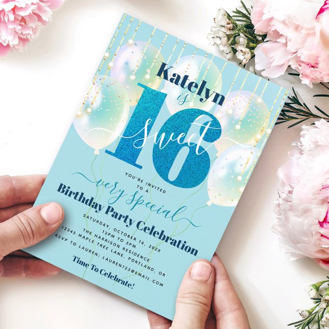 Blue Glitter Sweet 16 Birthday Balloons Modern Invitation (Creator Uploaded)