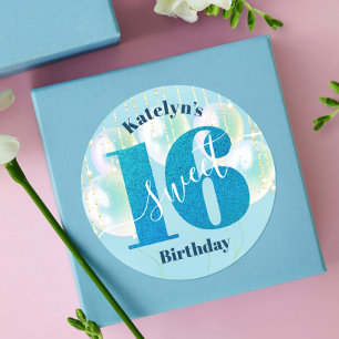 Blue Glitter Sweet 16 Birthday Balloons Script Classic Round Sticker
