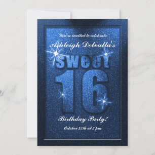 Blue Glitter Sweet 16 Birthday Party Invitation