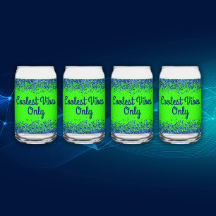 Blue Glitter & Text on Green- Coolest Vibes Only Can Glass