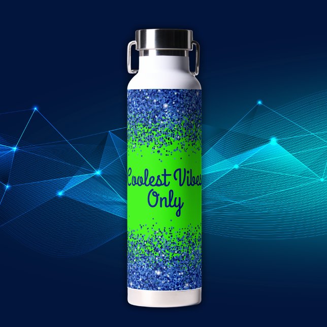 Blue Glitter & Text on Green- Coolest Vibes Only | Water Bottle (Creator Uploaded)