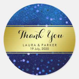 Blue Glitter Thank You Wedding Confetti Classic Round Sticker