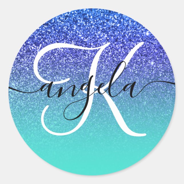 Blue Glitter Turquoise Ombre Monogrammed Classic Round Sticker (Front)
