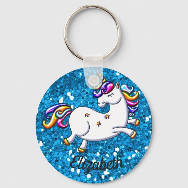 Blue Glitter Unicorn Key Ring (Front)