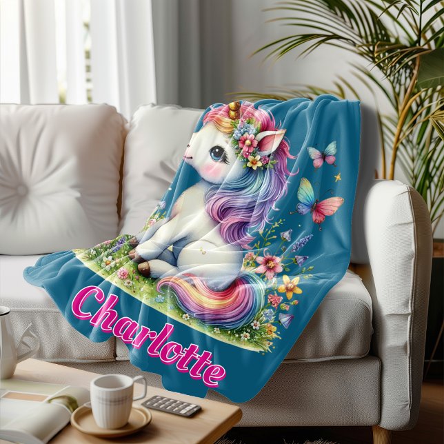 Blue Glitter unicorn meadow wildflowers  Fleece Blanket (Creator Uploaded)