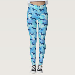 Blue Glitter Watercolor Dachshund Pattern Leggings