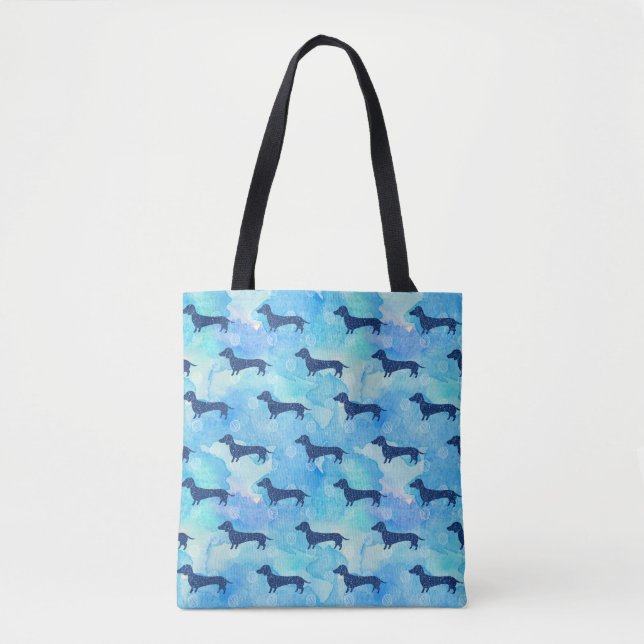 Blue Glitter Watercolor Dachshund Pattern Tote Bag (Front)