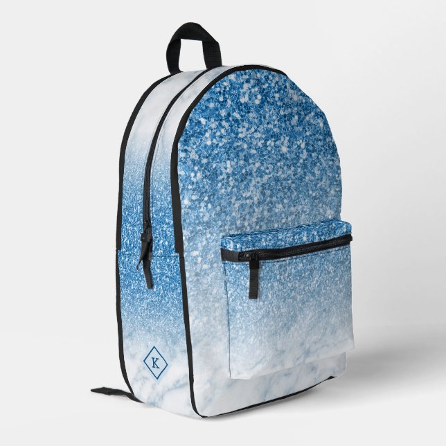 Blue glitter, White and blue marble monogram Printed Backpack (Back Corner Left)