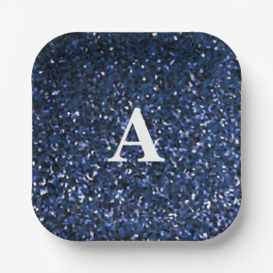 Blue Glitter White Monogram Initial Custom Name Paper Plate