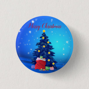 Blue Glitter With Christmas Tree and Presents 3 Cm Round Badge