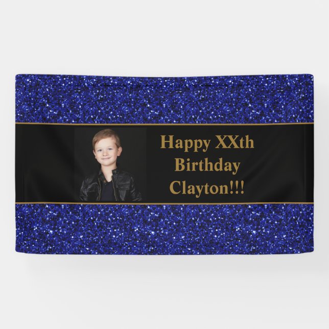 Blue Glitter With Message Photo Birthday Banner (Horizontal)