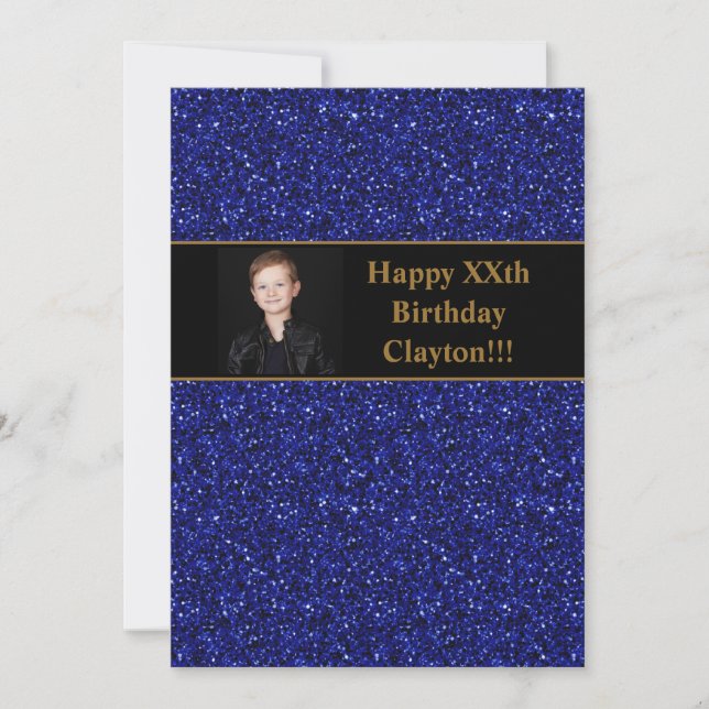 Blue Glitter With Message Photo Birthday Party Invitation (Front)