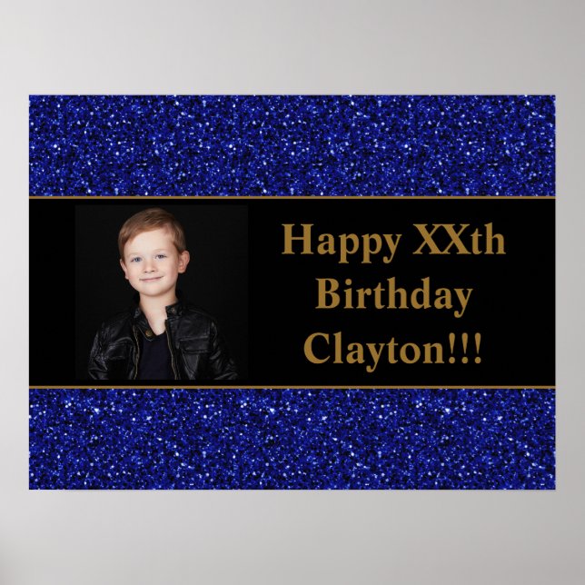 Blue Glitter With Message Photo Birthday Poster (Front)