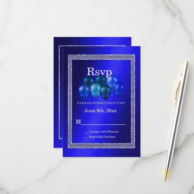 Blue Glitters & Birthday Balloons RSVP Card (Front/Back In Situ)