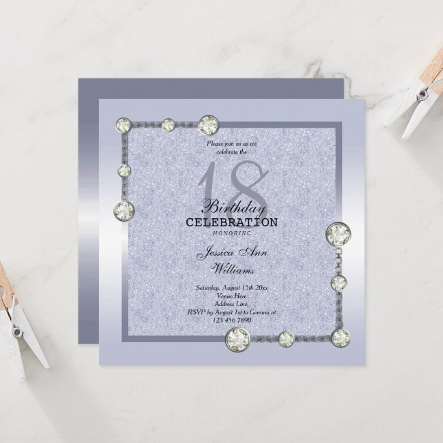 Blue Glitters & Diamond Decoration Birthday Invitation (Front/Back In Situ)