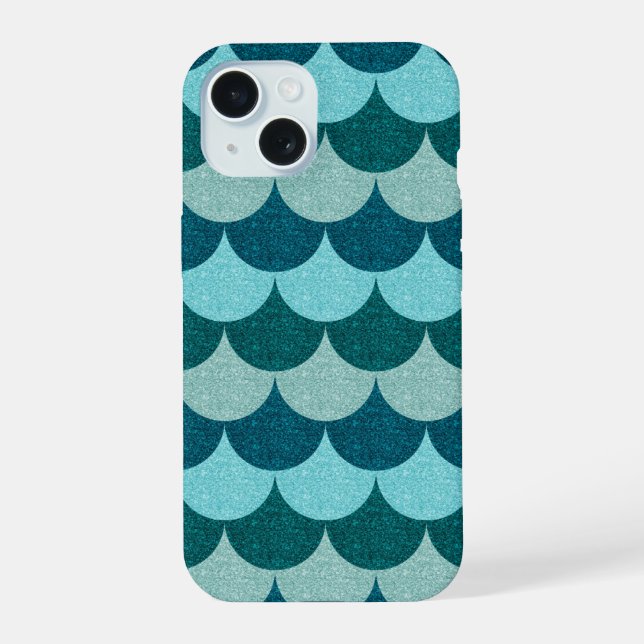 Blue Glittery Mermaid Scales Pattern iPhone 15 Case (Back)
