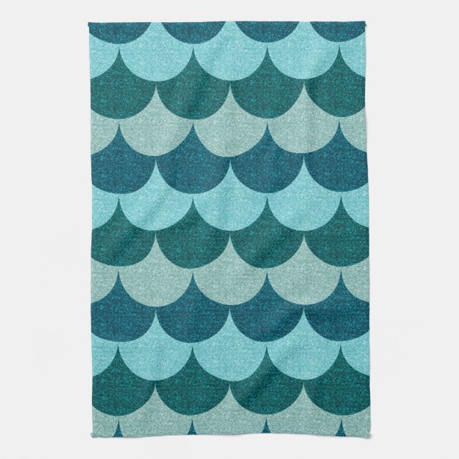 Blue Glittery Mermaid Scales Pattern Tea Towel (Vertical)