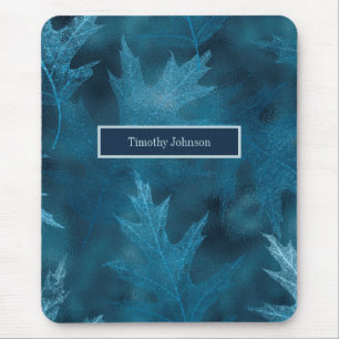 Blue Glittery Oak Leaves Mouse Mat