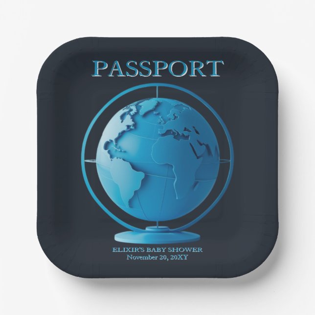 Blue Globe Passport Travel Baby Shower Paper Plate (Front)