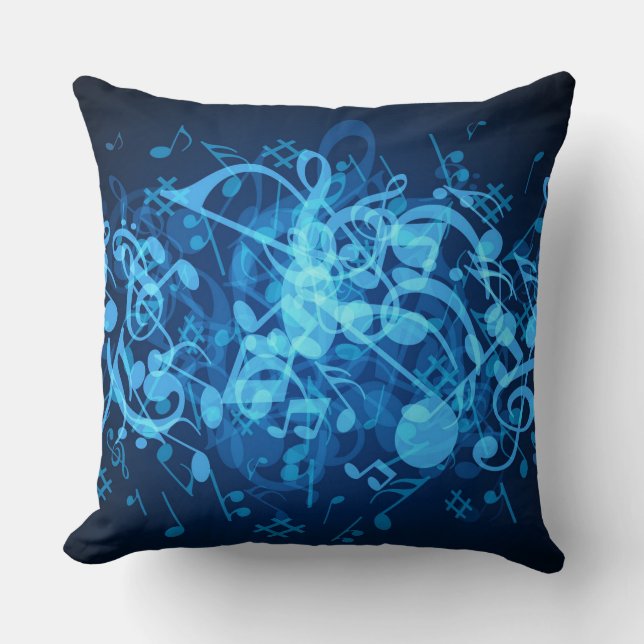 Blue Glow Music Notes Pattern Throw Pillow (Front)