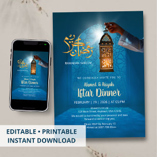 Blue Glow Ramadan with Golden Lantern Iftar Invitation