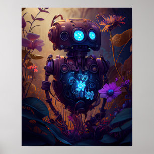 Blue Glow Robot & Purple Flowers Poster