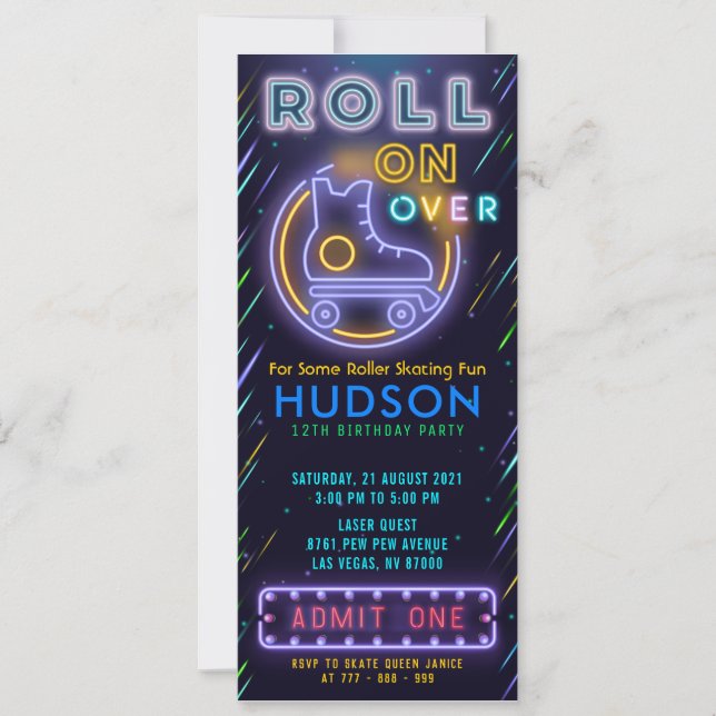Blue Glow Roller Skating Ticket Pass Birthday Invitation (Front)