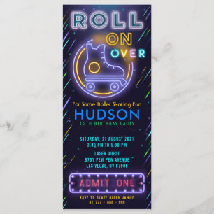 Blue Glow Roller Skating Ticket Pass Birthday Invitation