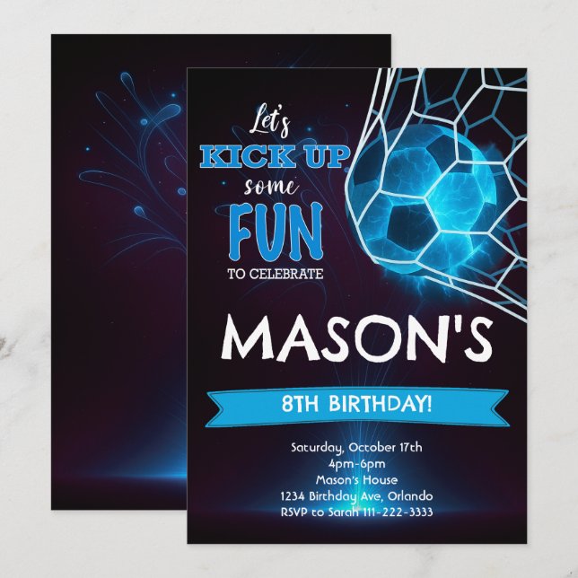Blue Glow Soccer Birthday Invitation (Front/Back)