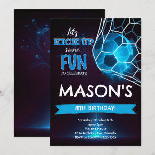 Blue Glow Soccer Birthday Invitation