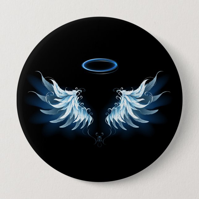 Blue Glowing Angel Wings on black background 10 Cm Round Badge (Front)