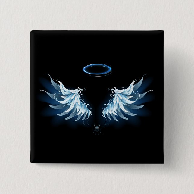 Blue Glowing Angel Wings on black background 15 Cm Square Badge (Front)