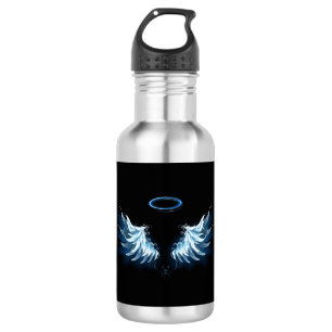 Blue Glowing Angel Wings on black background 532 Ml Water Bottle