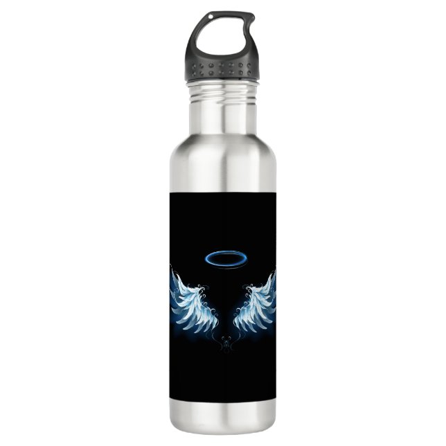 Blue Glowing Angel Wings on black background 710 Ml Water Bottle (Front)