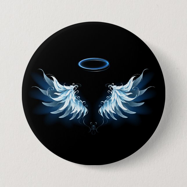 Blue Glowing Angel Wings on black background 7.5 Cm Round Badge (Front)