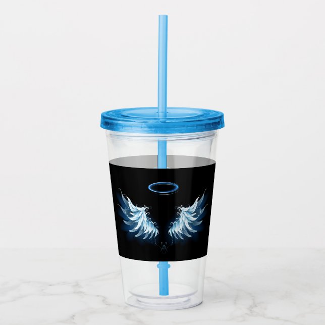 Blue Glowing Angel Wings on black background Acrylic Tumbler (Front)