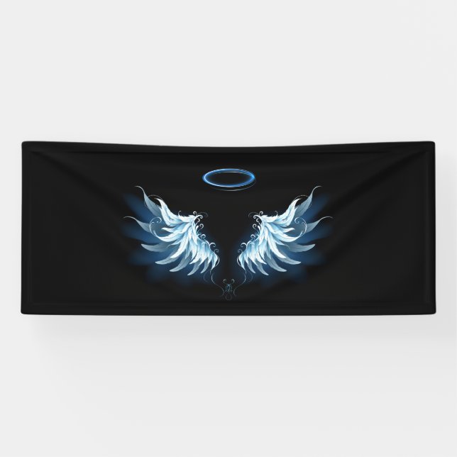 Blue Glowing Angel Wings on black background Banner (Horizontal)