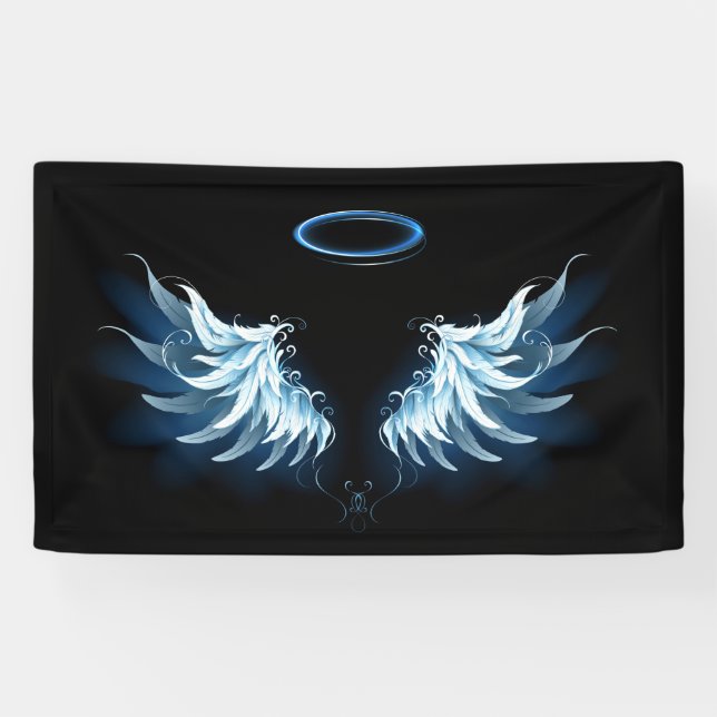 Blue Glowing Angel Wings on black background Banner (Horizontal)