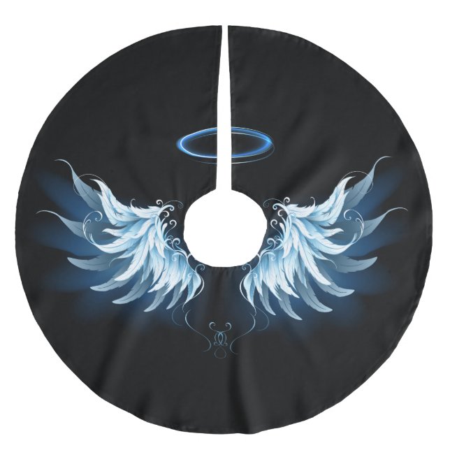 Blue Glowing Angel Wings on black background Brushed Polyester Tree Skirt (Front)