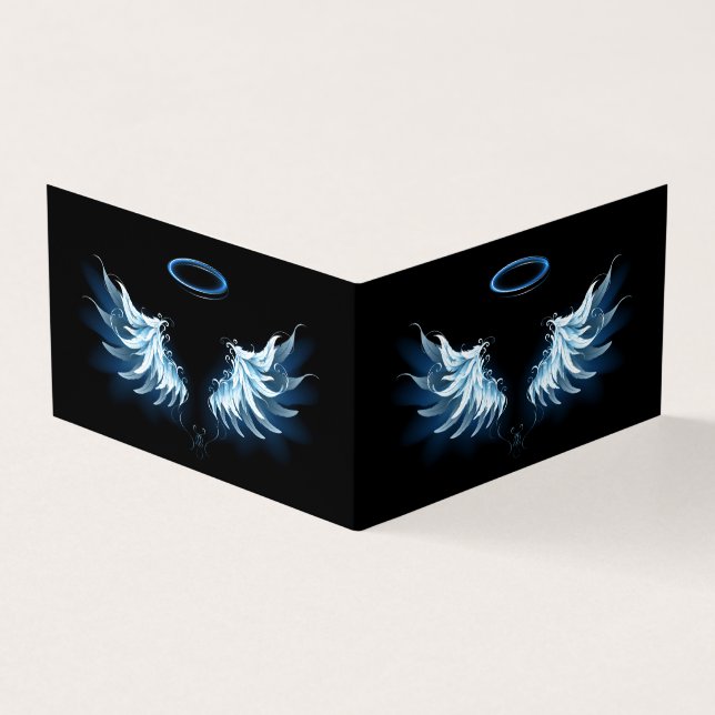 Blue Glowing Angel Wings on black background Business Card (Outside)