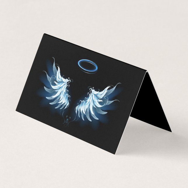 Blue Glowing Angel Wings on black background Business Card (Front)
