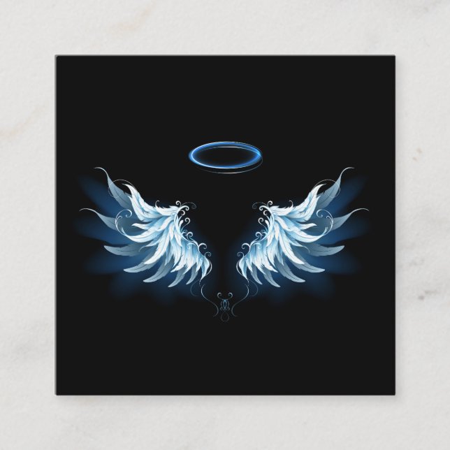 Blue Glowing Angel Wings on black background Calling Card (Front)