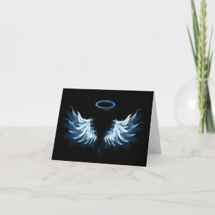 Blue Glowing Angel Wings on black background Card