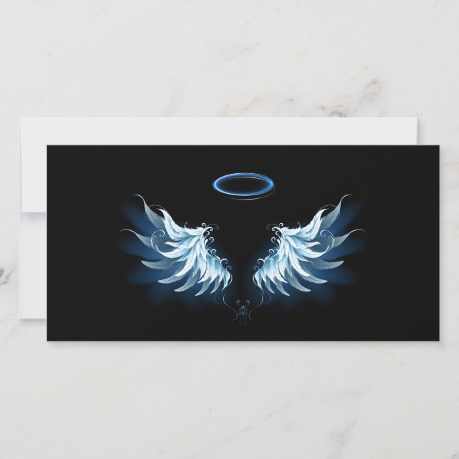 Blue Glowing Angel Wings on black background Card (Front)