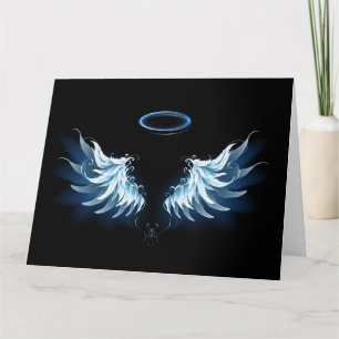 Blue Glowing Angel Wings on black background Card